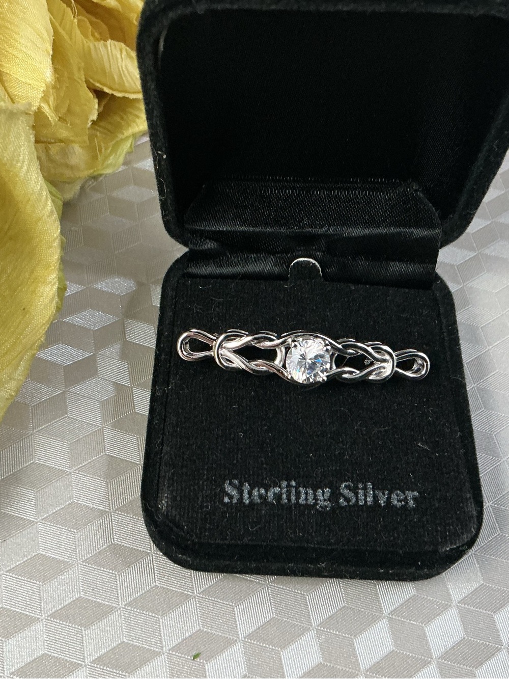 Sterling Silver Celtic knot bar pin with Clear Cubic Zirconia